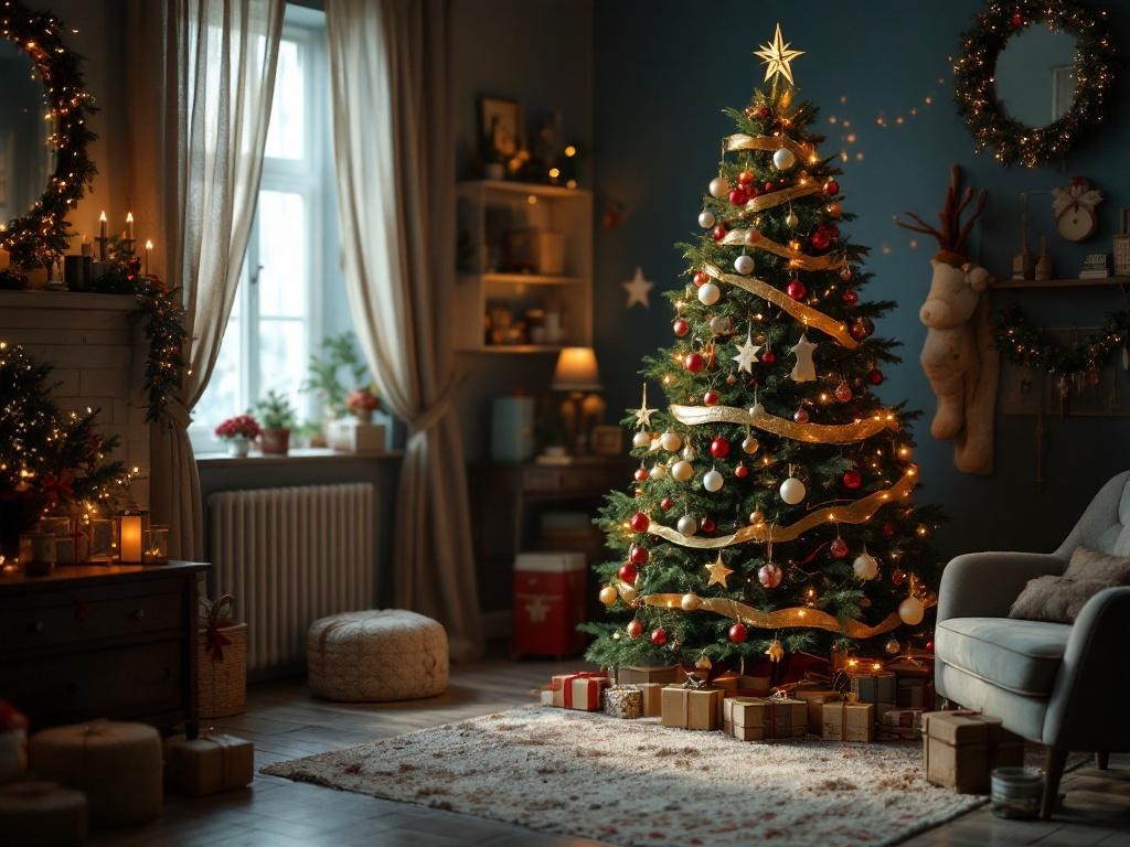 A vintage Christmas tree decorated with red and white ornaments, surrounded by gifts in a cozy living room.