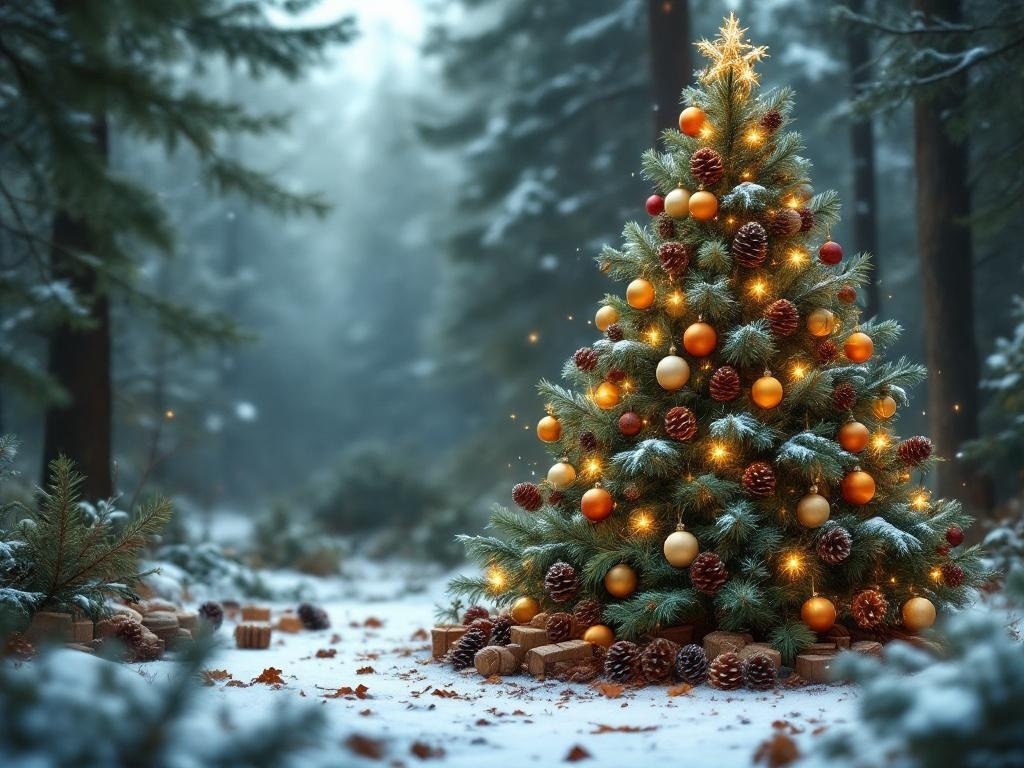 A beautifully decorated Christmas tree in a snowy forest, featuring pinecones, warm lights, and earthy ornaments.