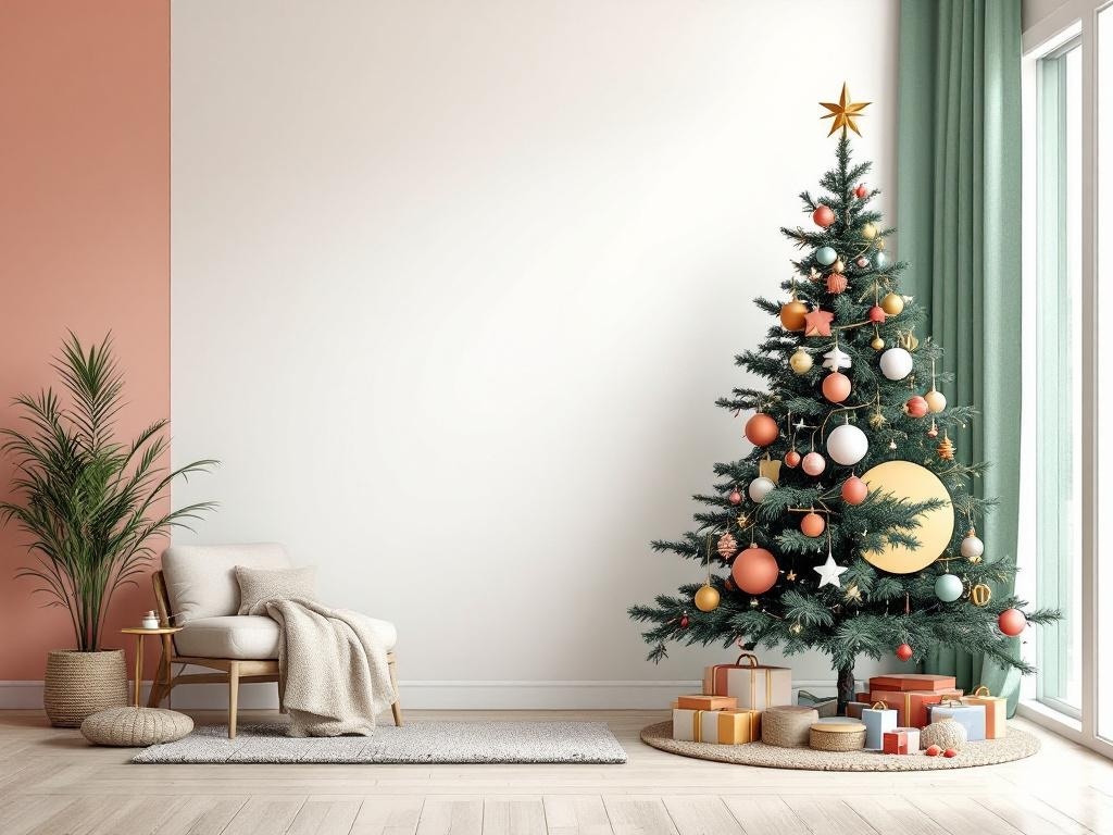 Artistic modern Christmas tree with colorful ornaments and gifts