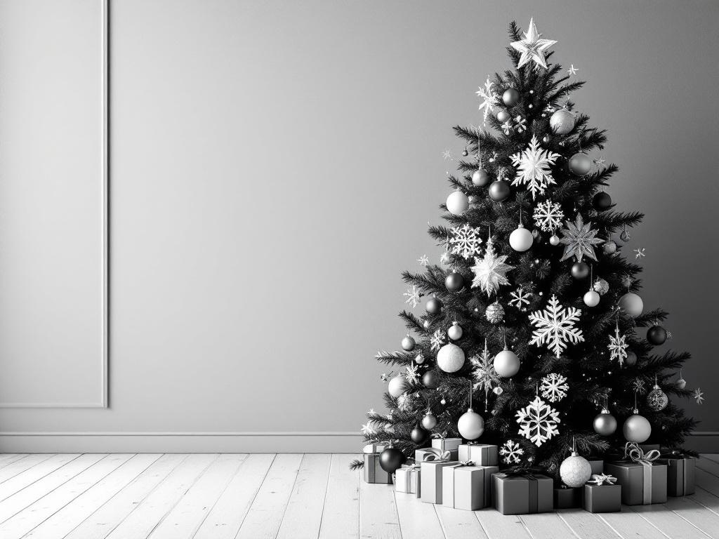 A black and white Christmas tree decorated with white ornaments and snowflakes, surrounded by neatly wrapped gifts.