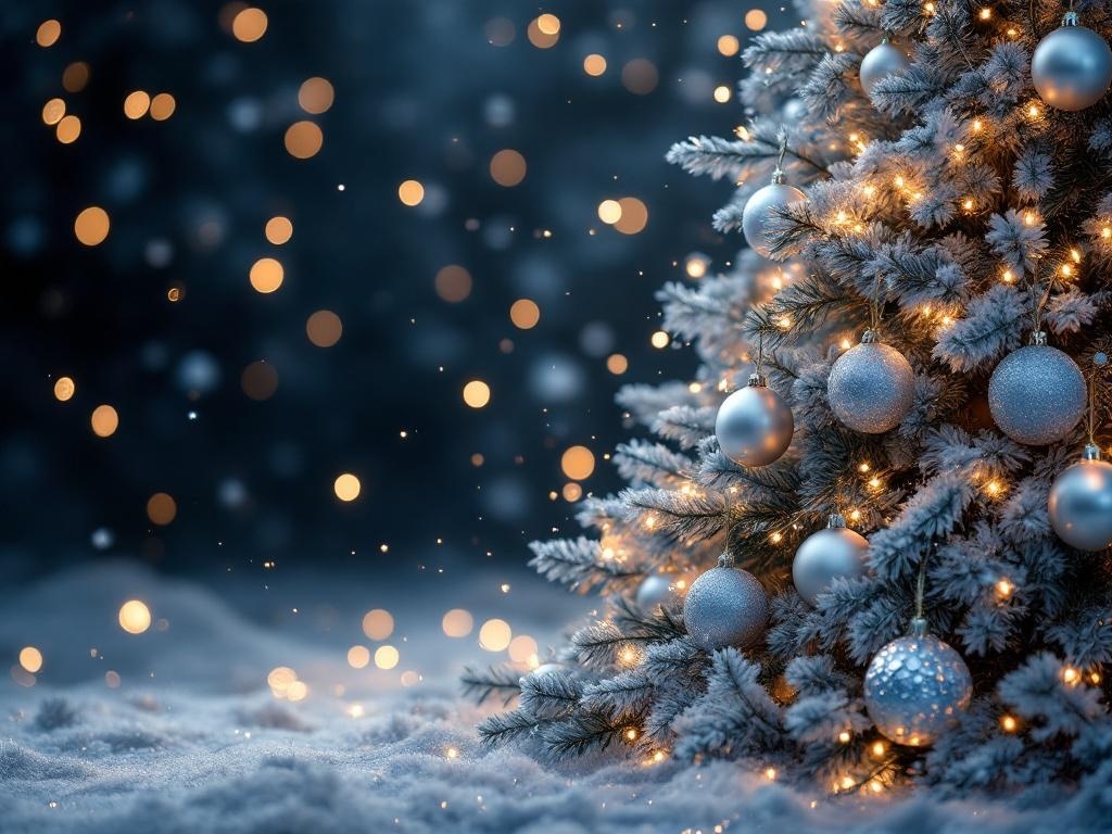 A beautifully decorated Christmas tree with silver and blue ornaments, surrounded by soft snow and twinkling lights.