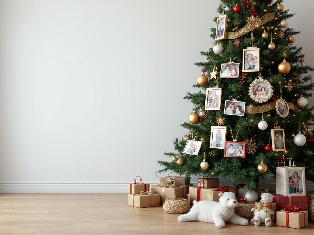 A Christmas tree decorated with family photos, ornaments, and gifts underneath.