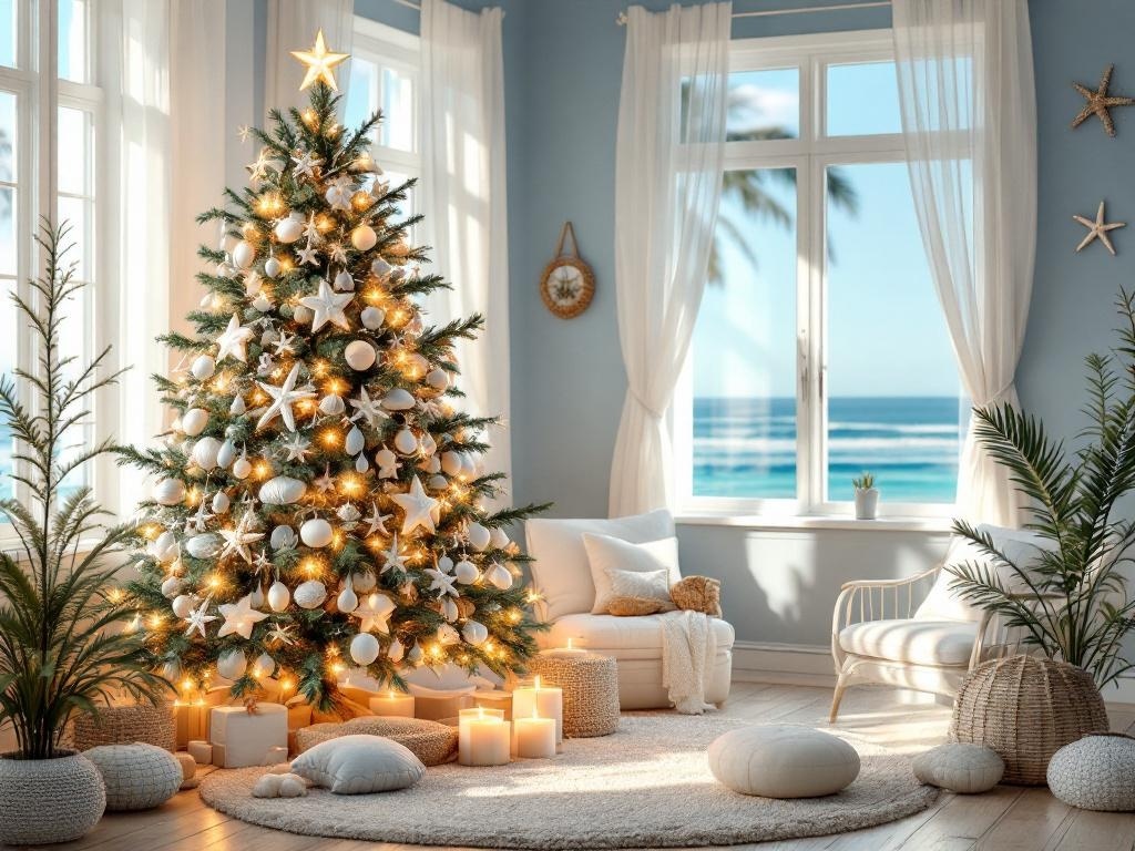 A beautifully decorated coastal beach Christmas tree with starfish and seashell ornaments, surrounded by a cozy living space with a view of the ocean.