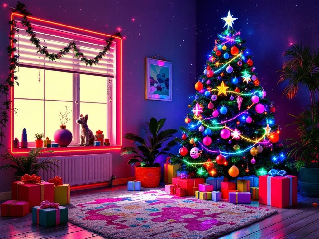 A vibrant Retro 80s Christmas Tree decorated with bright ornaments, surrounded by colorful gifts and a cozy room.