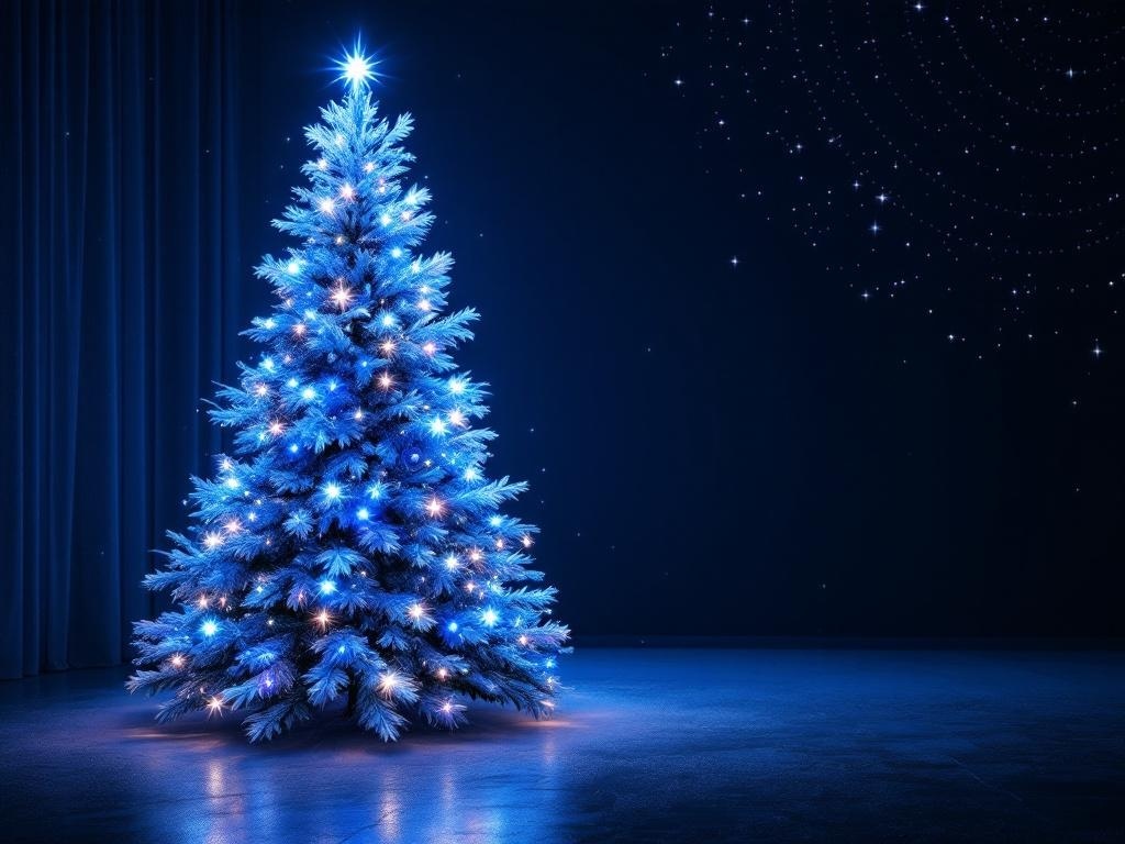 A beautifully lit blue Christmas tree against a dark background, resembling a sparkling winter night.
