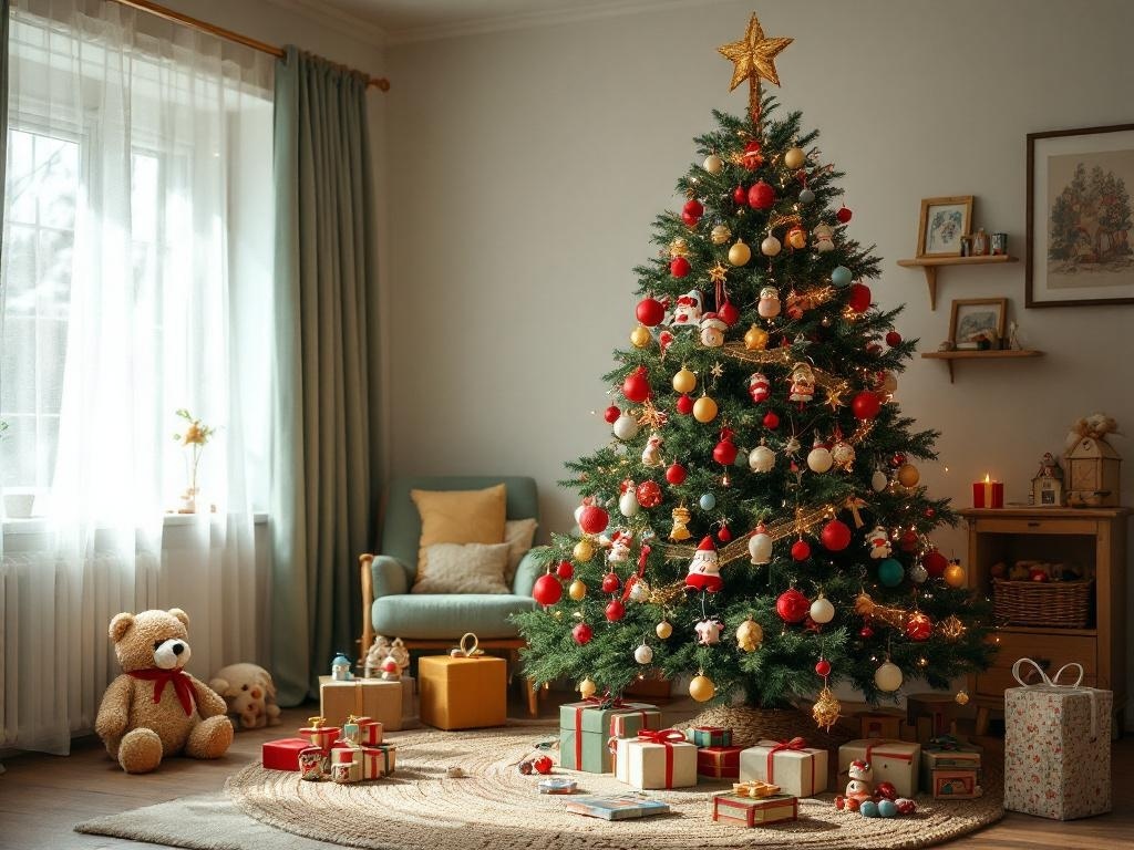 A vintage toy Christmas tree decorated with colorful ornaments and surrounded by presents.