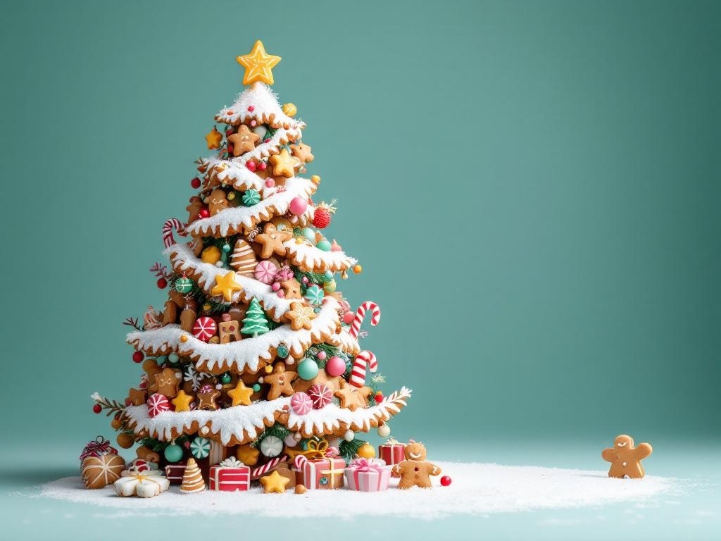 A gingerbread-themed Christmas tree decorated with gingerbread cookies, candy canes, and colorful ornaments.