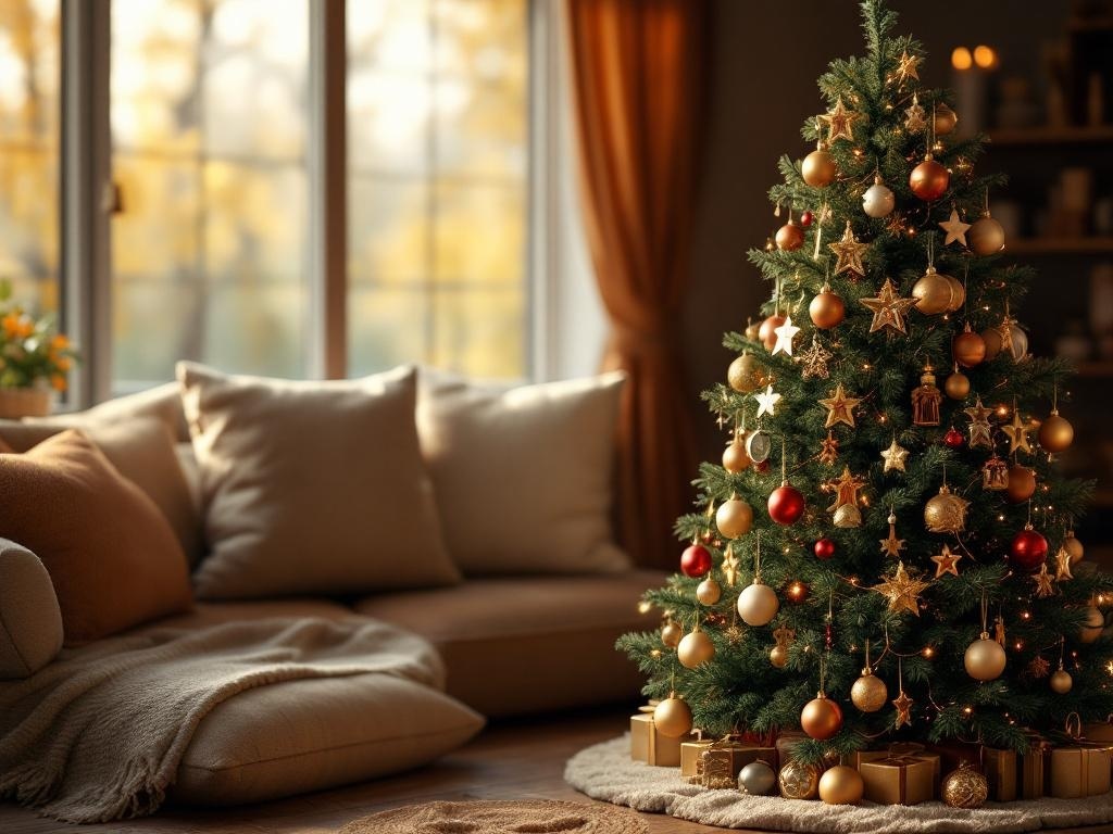 A beautifully decorated traditional Christmas tree with golden and red ornaments, set in a cozy living room.