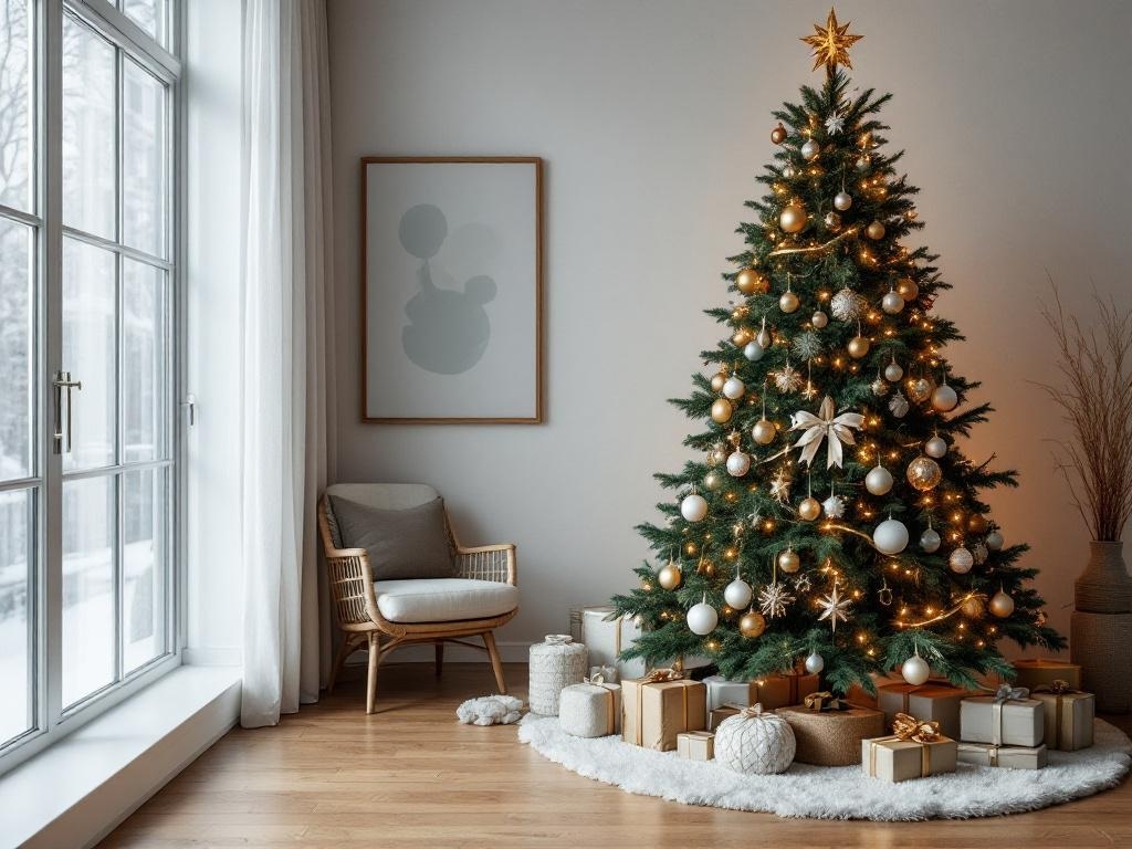 Chic urban Christmas tree decorated with gold and white ornaments, surrounded by gifts in a cozy living room setting.