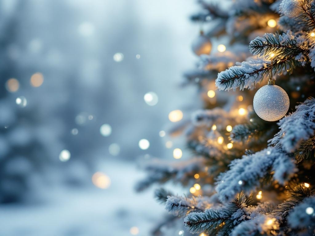 A beautifully decorated Christmas tree with frosted glass ornaments and soft white lights.