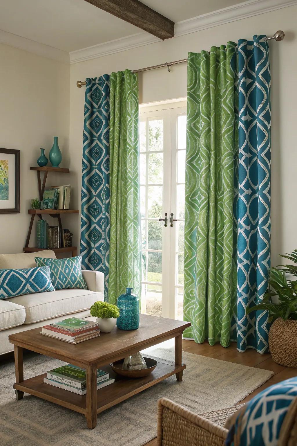 Patterned curtains bring style and privacy.