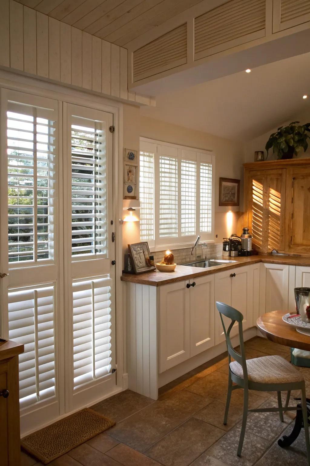 Interior shutters offer classic elegance and privacy.