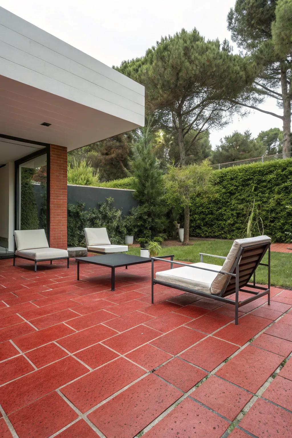 Minimalist furniture complements the bold red pavers.