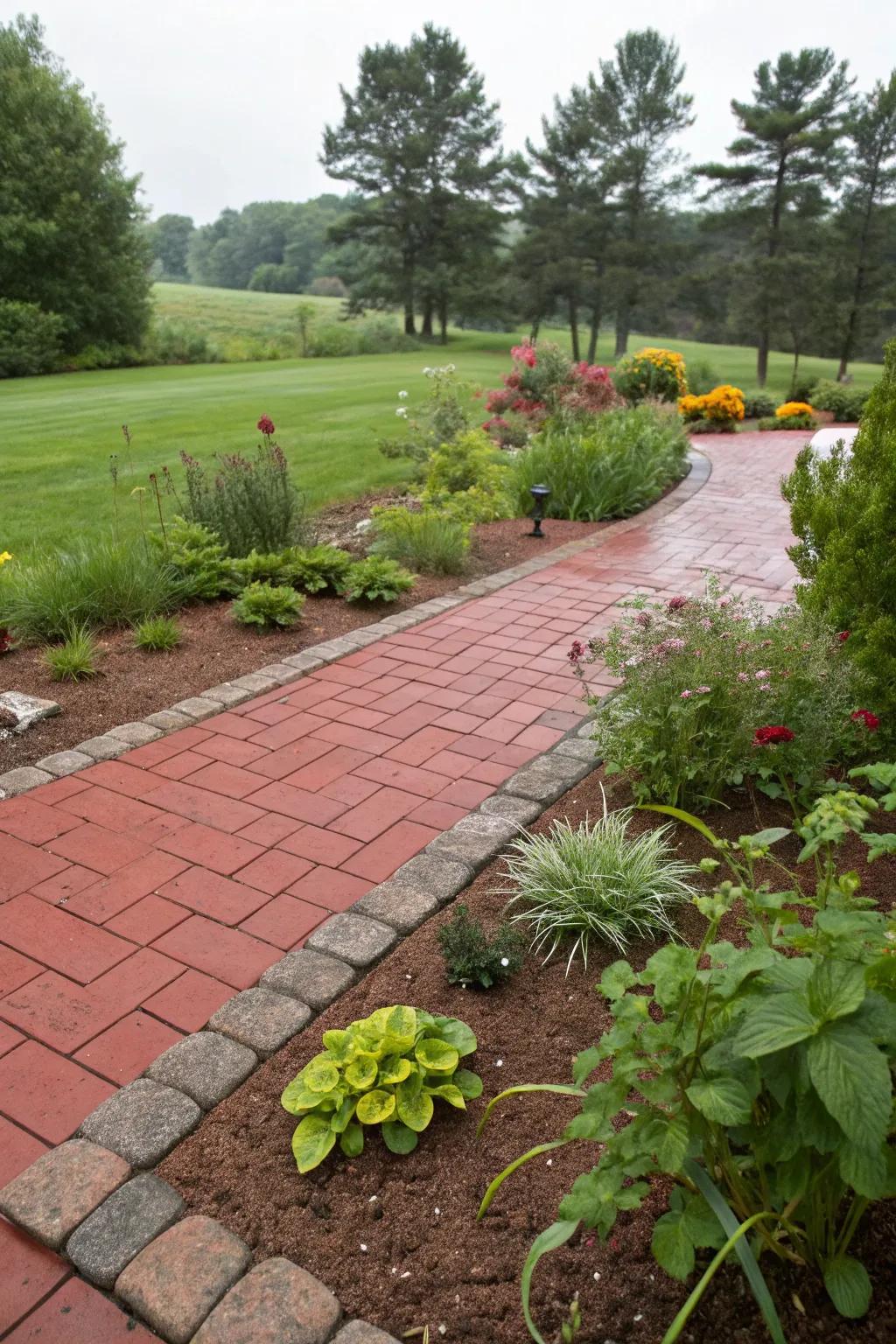Rain gardens complement red paver patios with eco-friendly benefits.