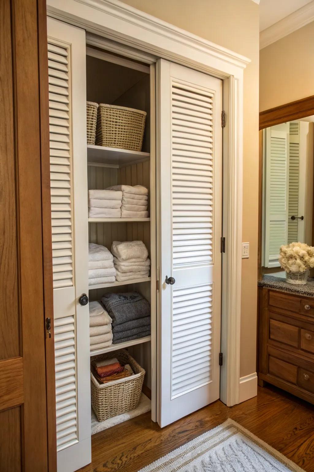 Louvered doors provide ventilation and timeless style for a linen closet.