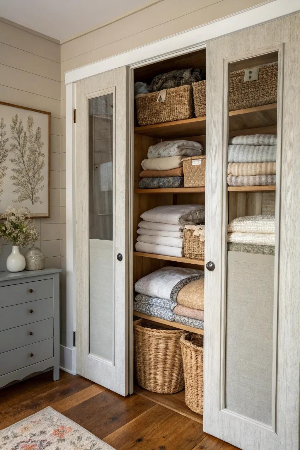 Fabric panels add warmth and texture to a linen closet.