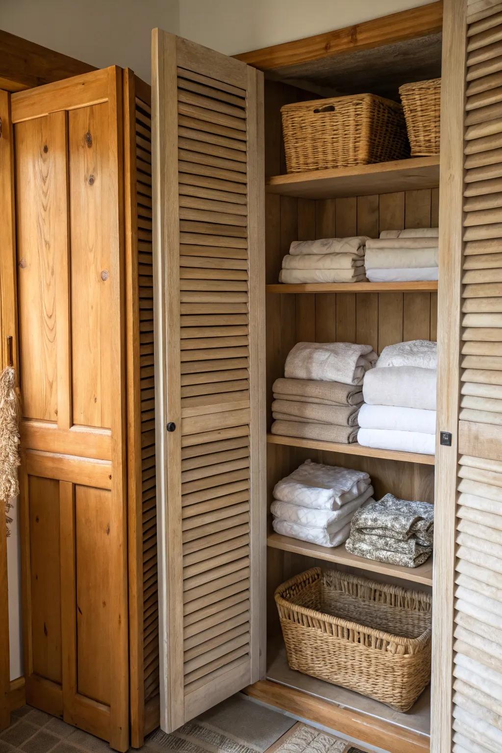 Repurposed shutters add charm and history to a linen closet.