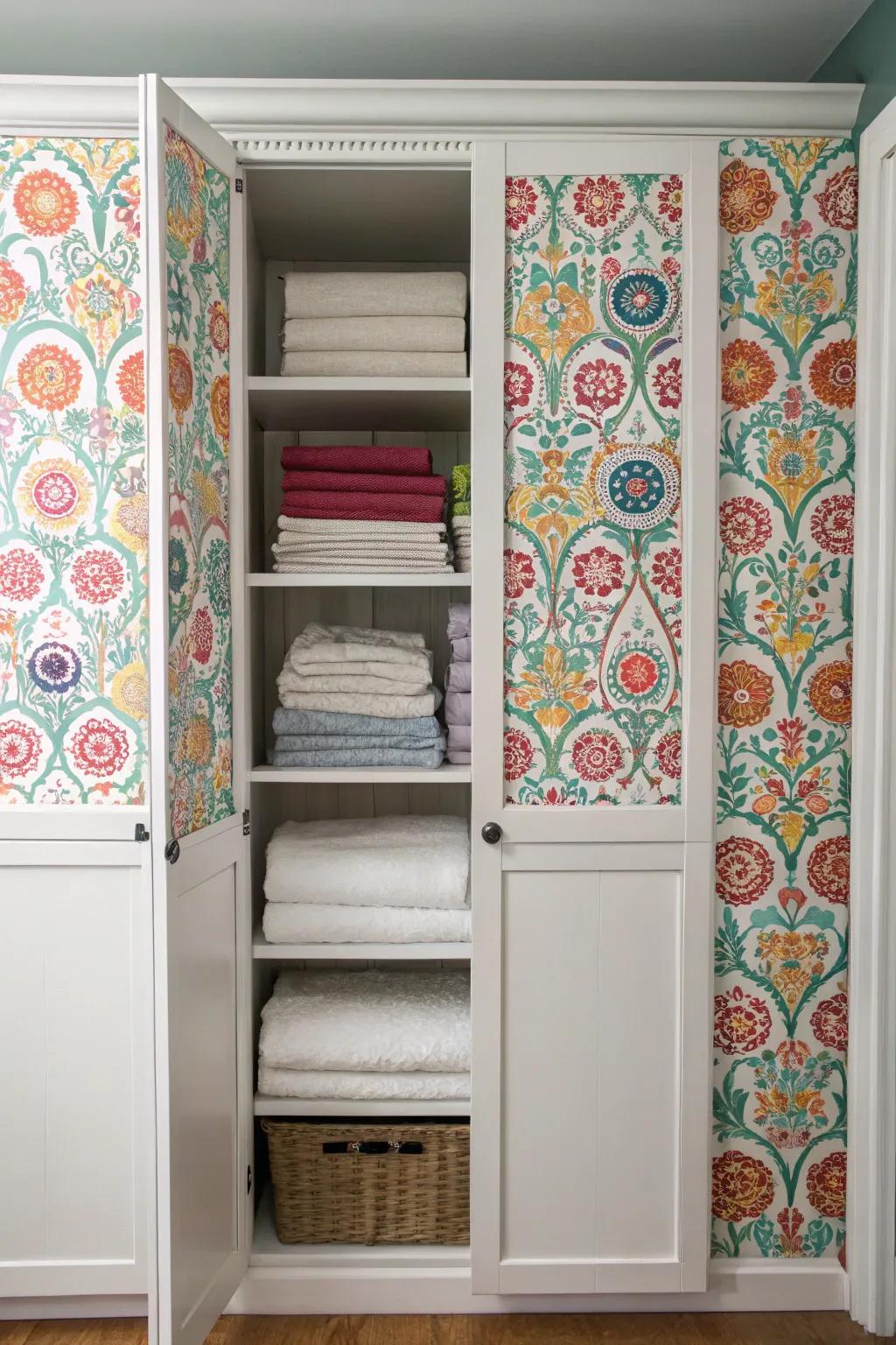Patterned wallpaper makes linen closet doors a standout feature.
