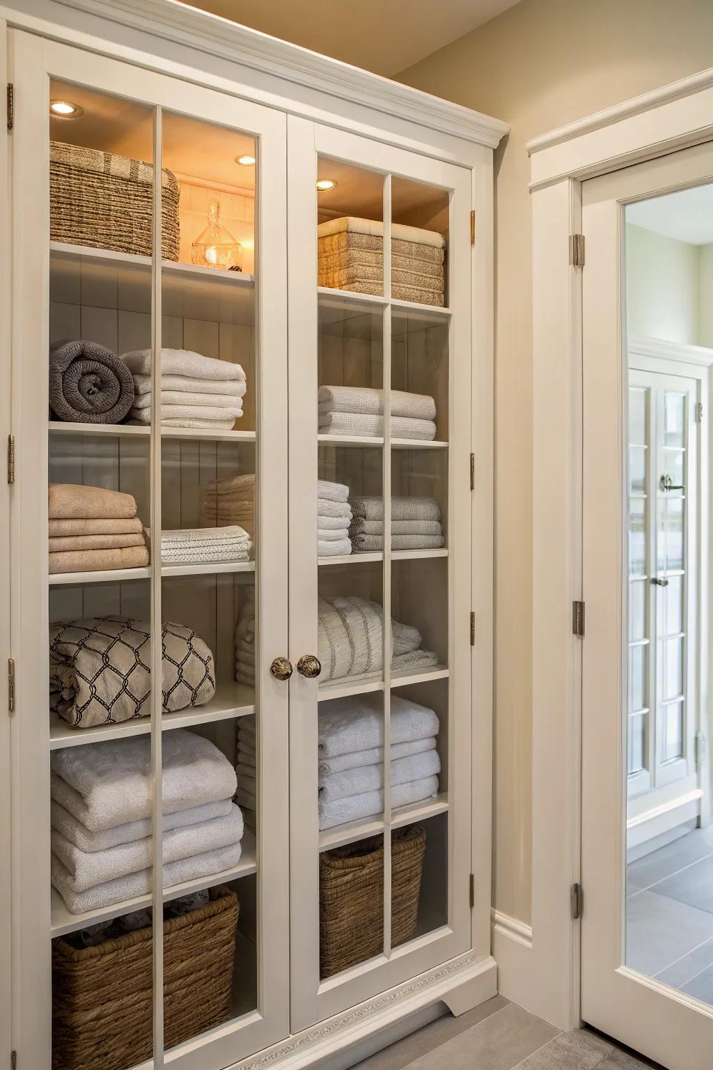 A linen closet with glass paneled doors adds elegance and visibility.