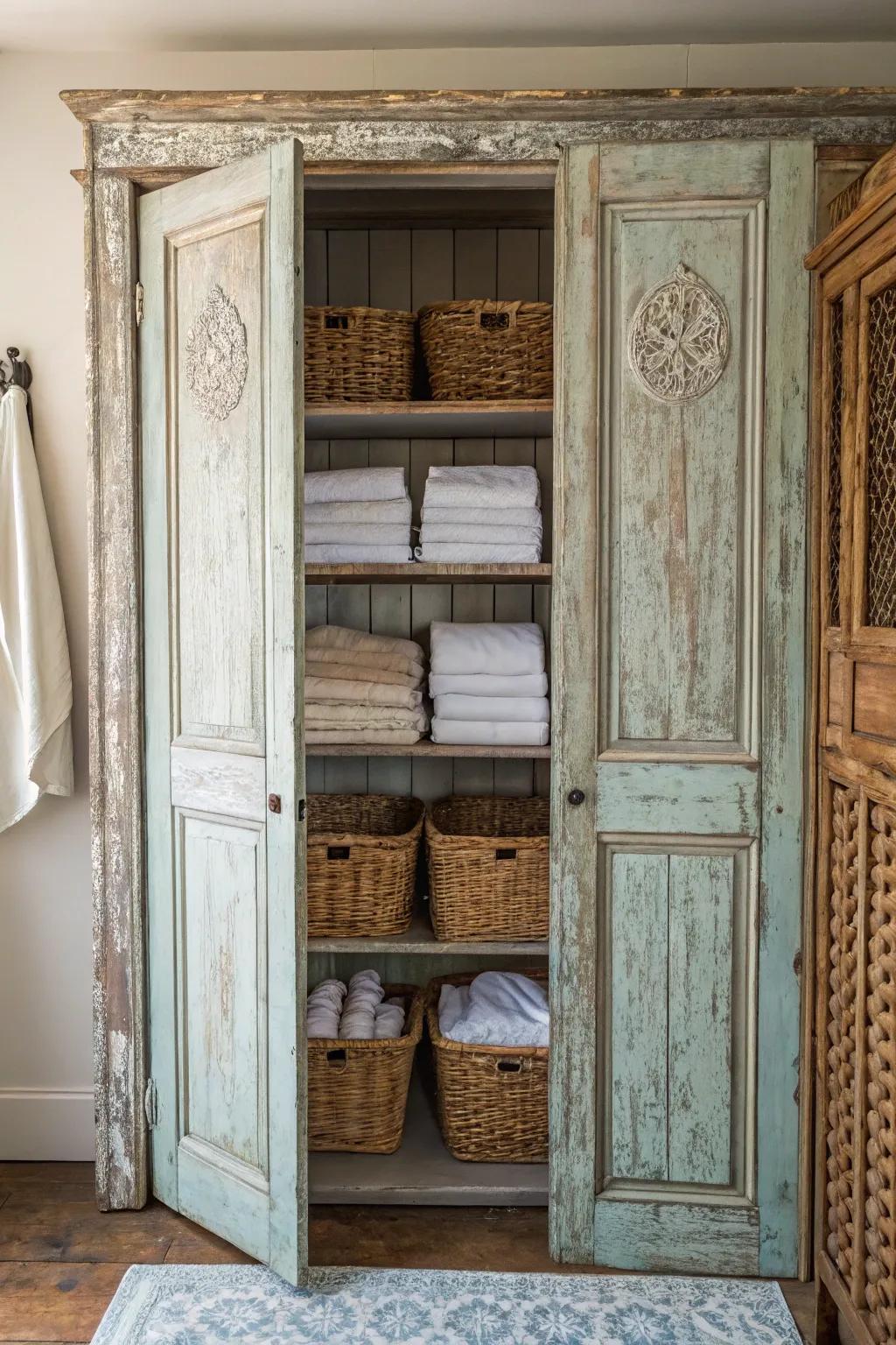 Repurposed doors offer a unique and charming touch to a linen closet.