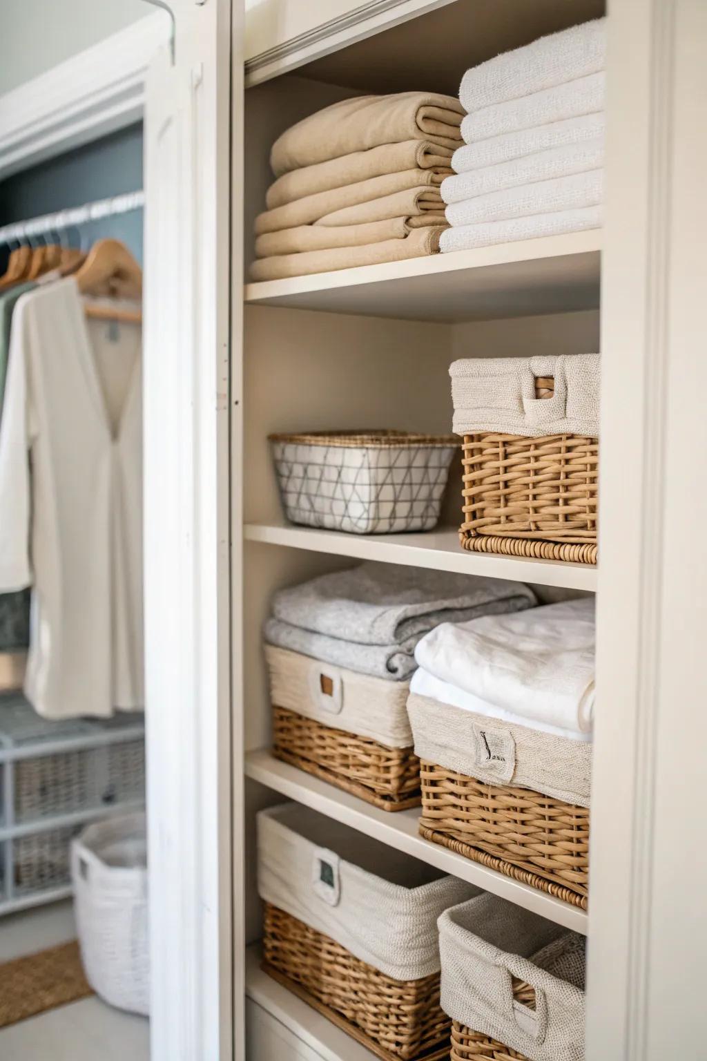 Open shelving with baskets keeps linens organized and easily accessible.