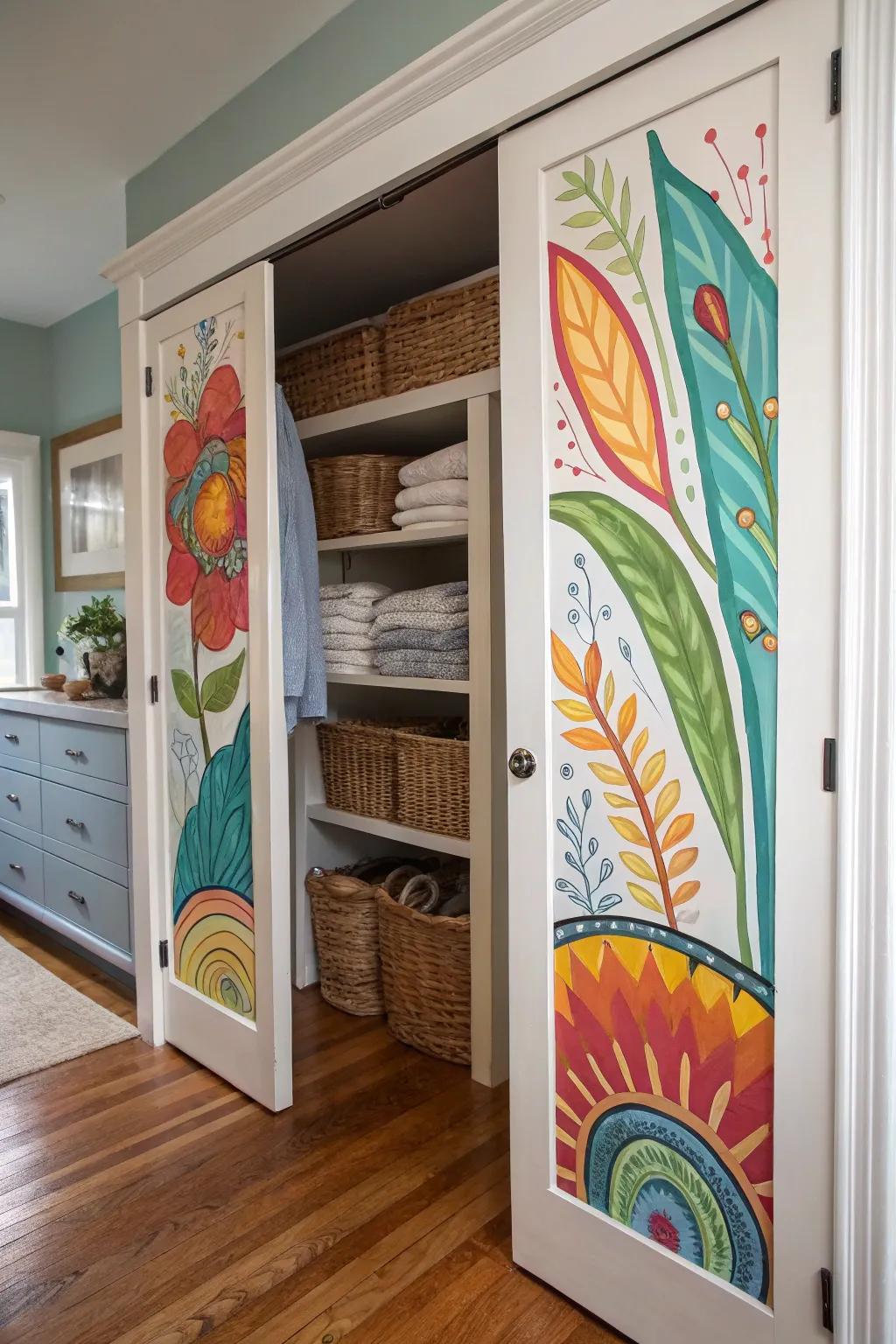 Artistic murals turn linen closet doors into captivating art pieces.