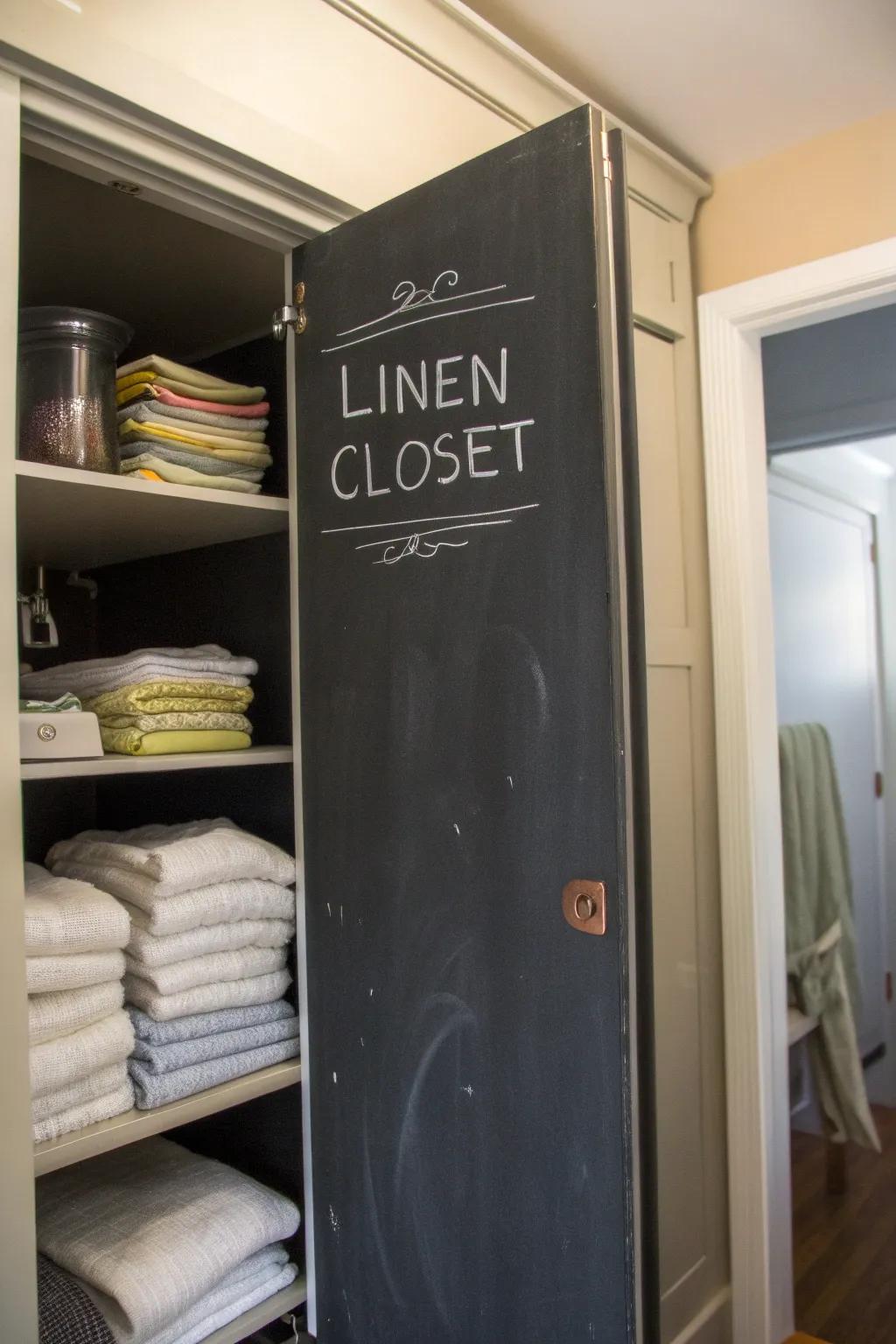 Chalkboard doors add a playful and functional element to a linen closet.