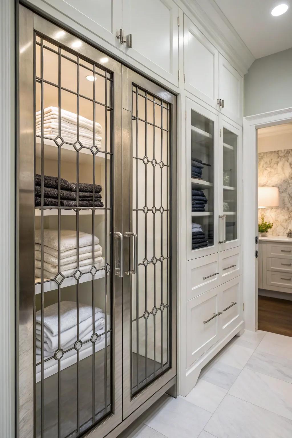 Metal grilles add a modern edge and ventilation to a linen closet.
