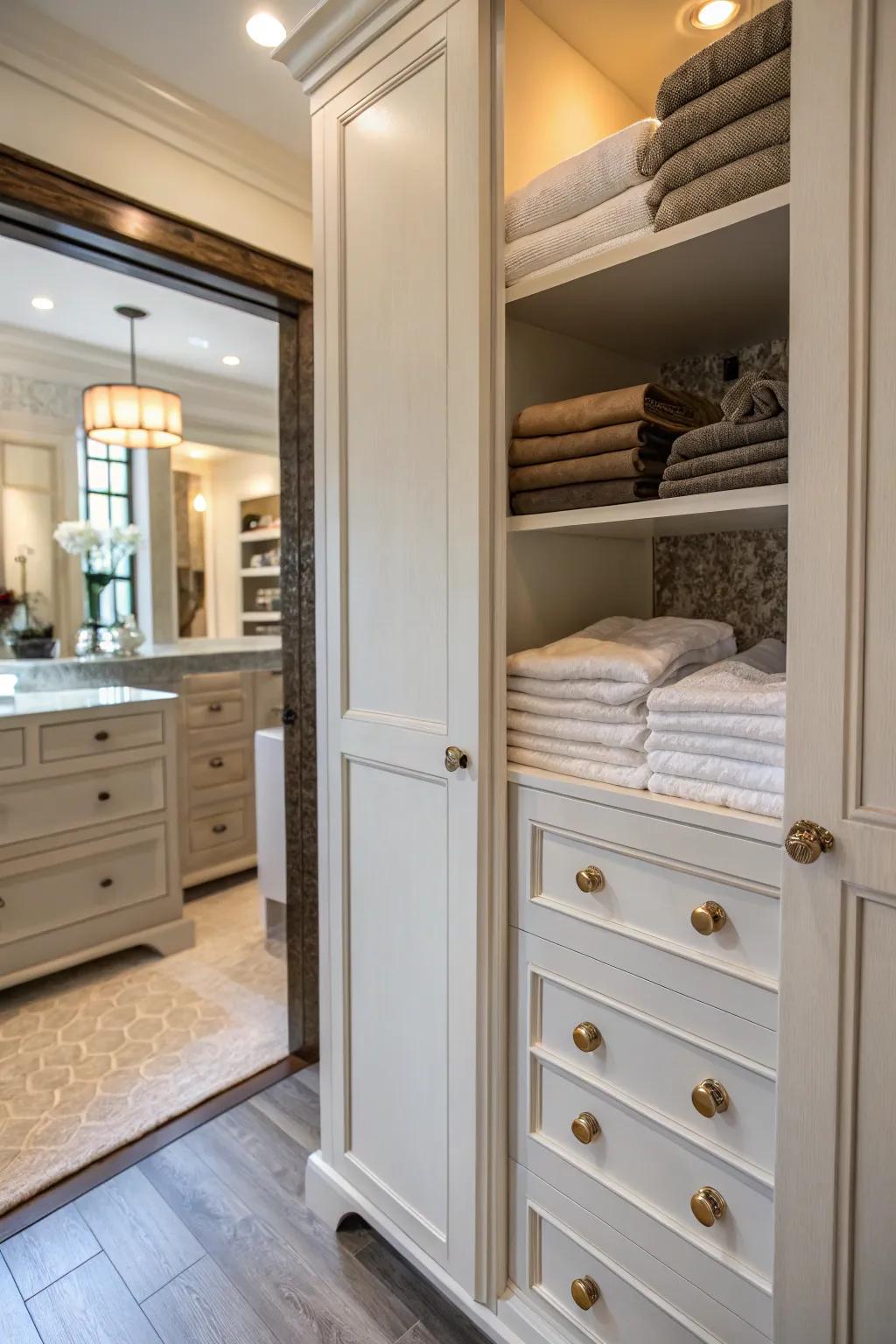 Decorative knobs and handles add personal flair to a linen closet.