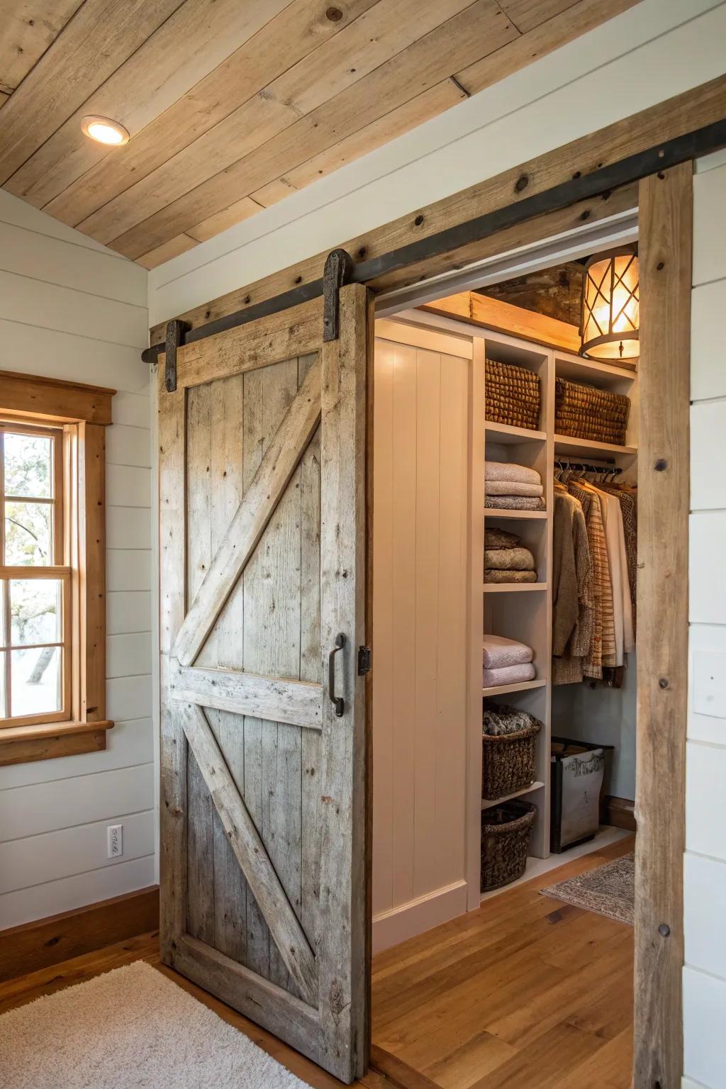 A rustic barn door adds charm and functionality to a linen closet.