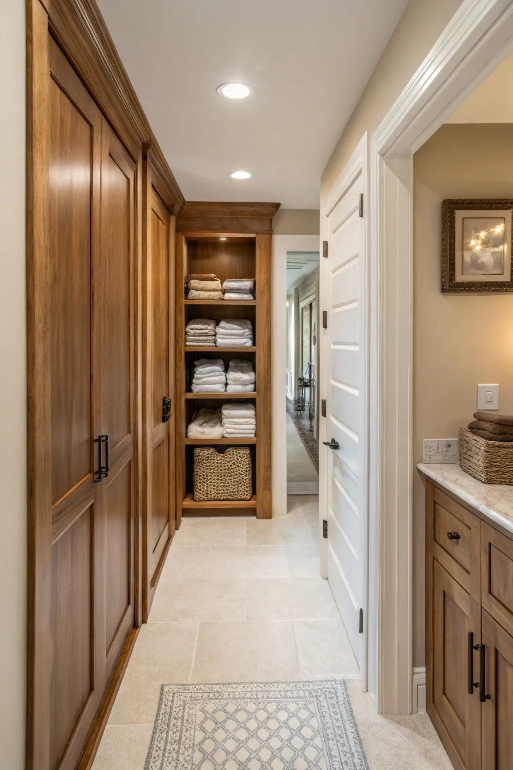 Custom built-ins provide a tailored and cohesive design for your linen closet.