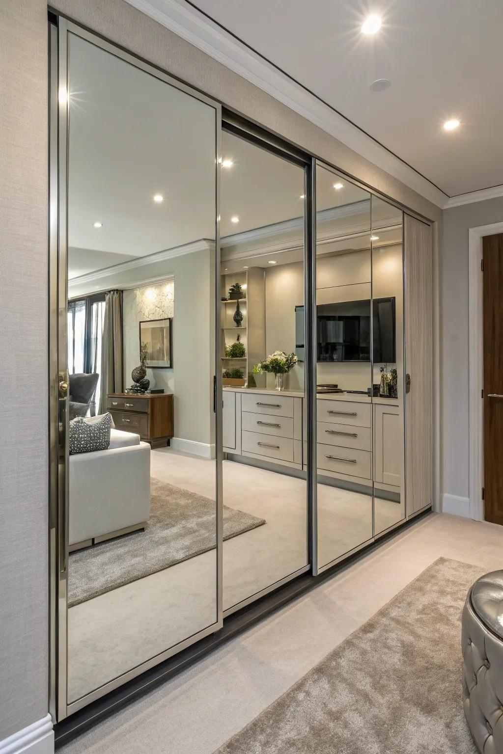 Mirrored doors add elegance and the illusion of space to a linen closet.