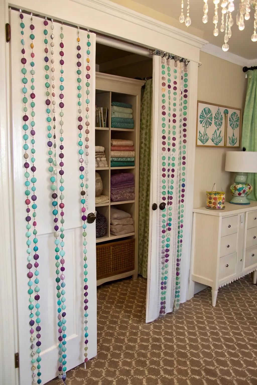 Beaded curtains provide a whimsical and retro touch to a linen closet.