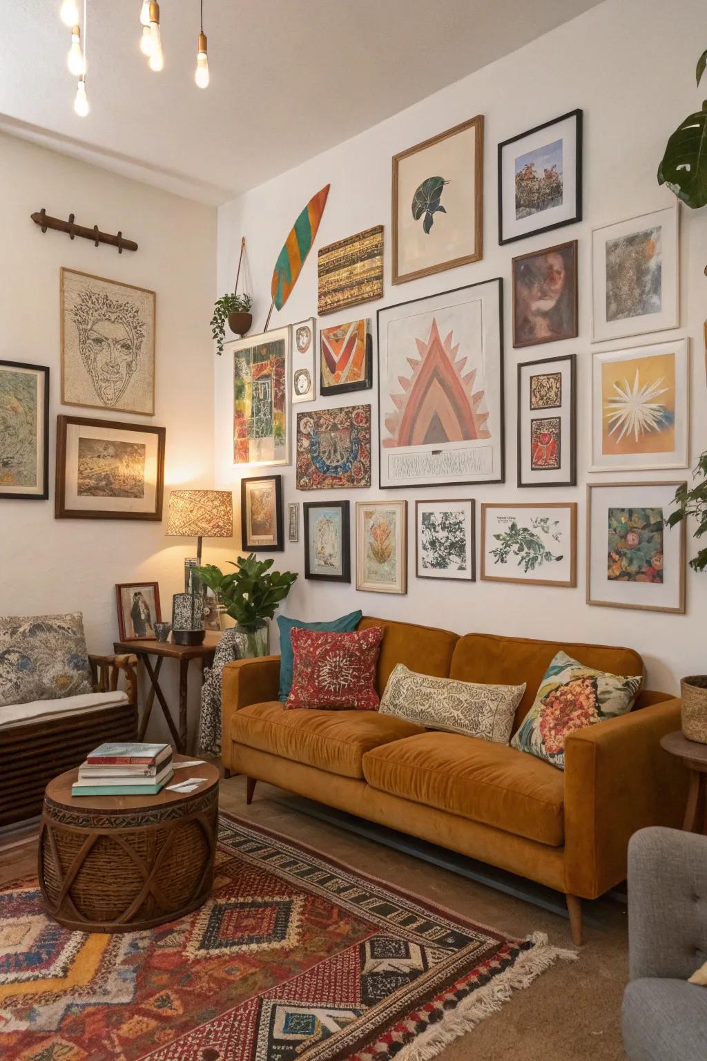 Eclectic wall displays express individuality.