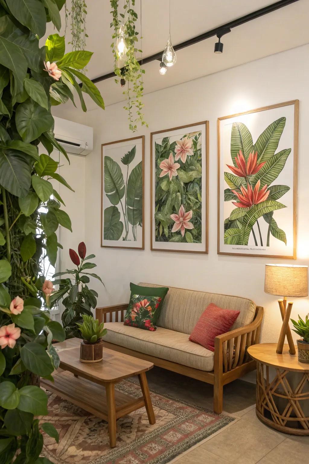 Botanical illustrations bring natural beauty indoors.