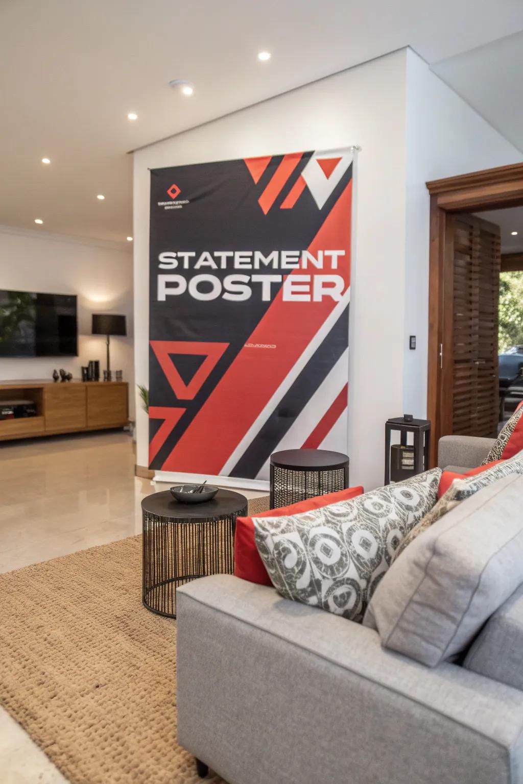 Oversized wall art creates a dramatic focal point.