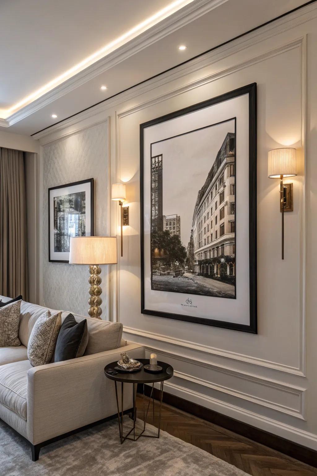 Monochrome art adds timeless sophistication.