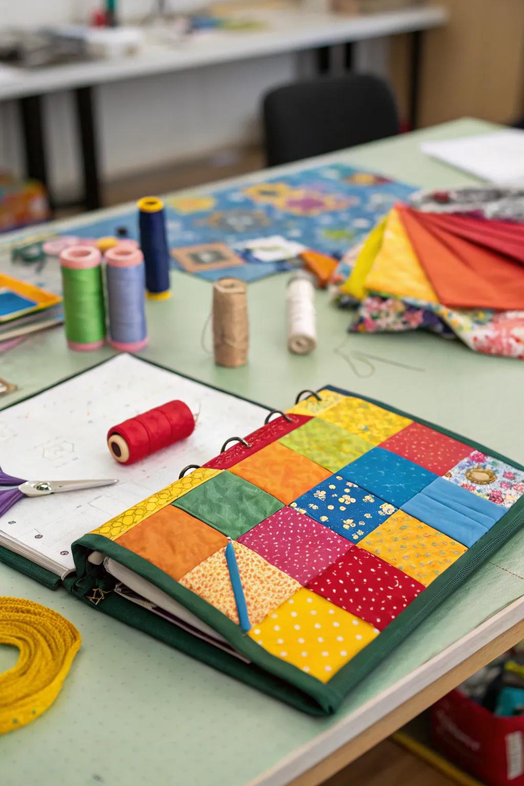 Patchwork textiles add warmth and texture to folders.