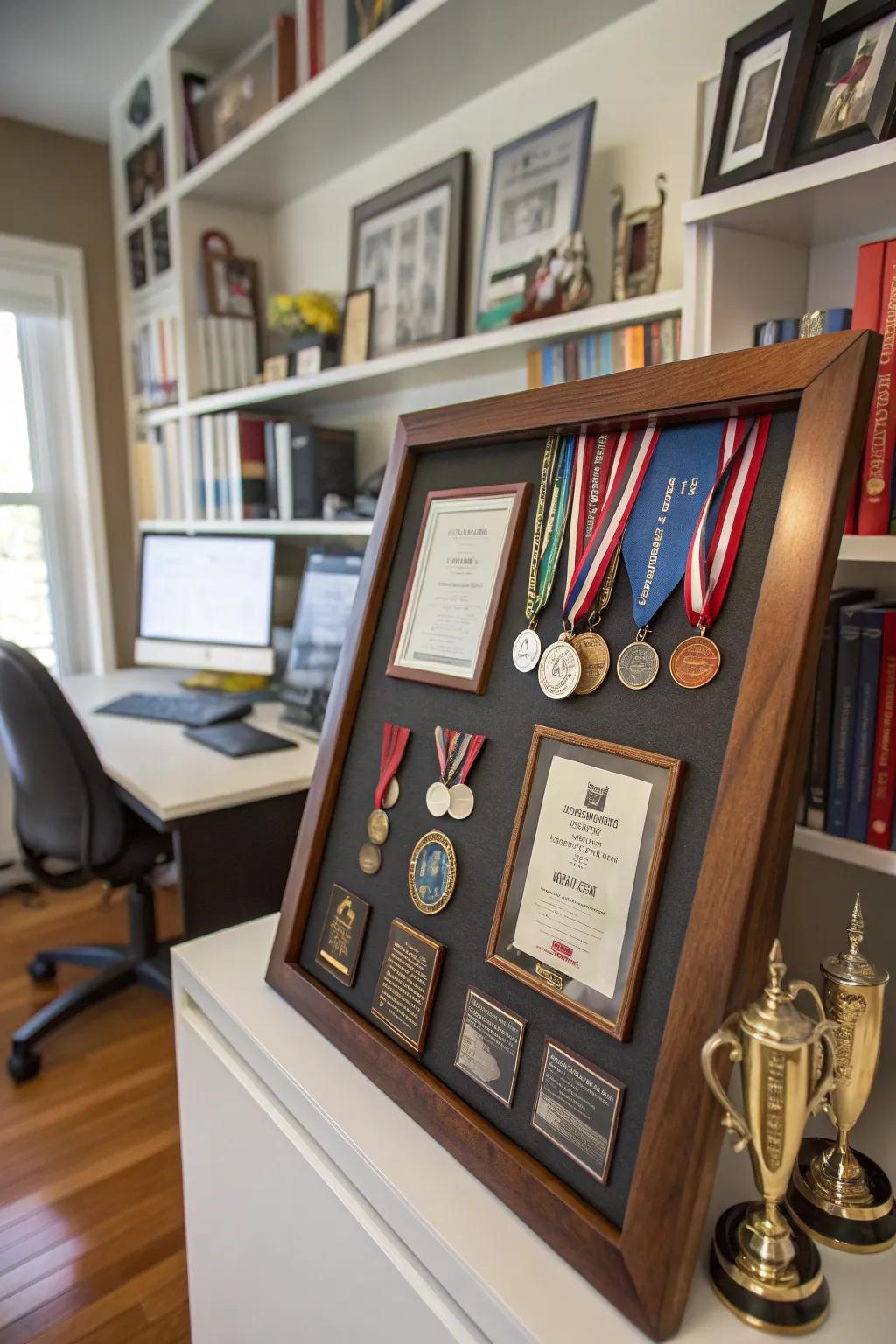 An achievement shadow box displaying medals and certificates.