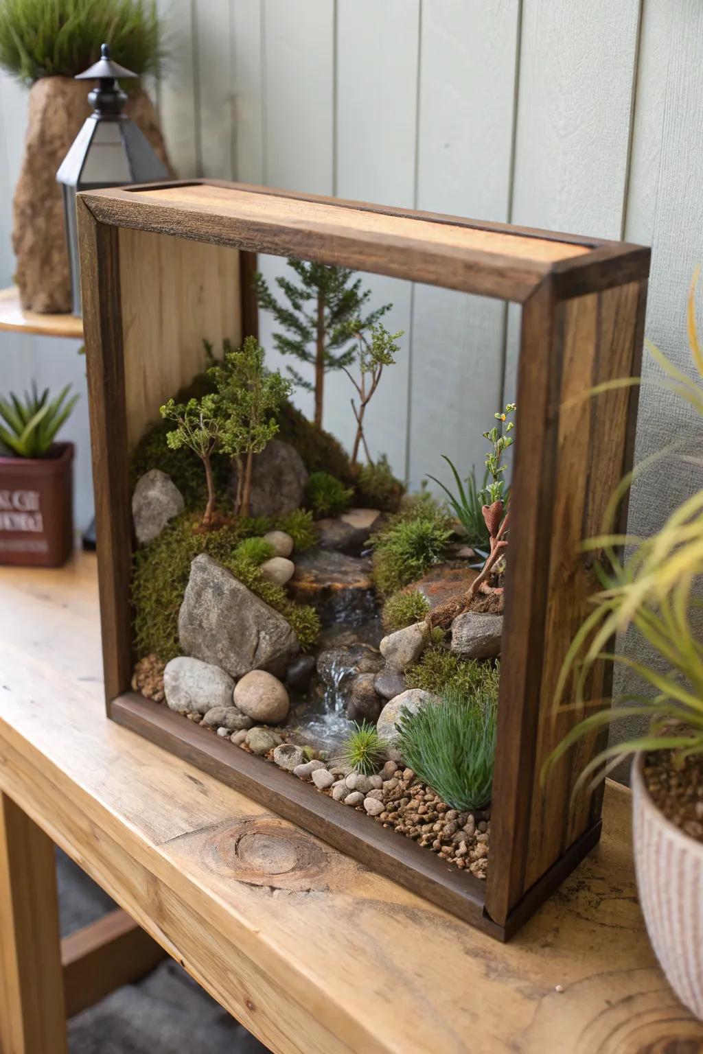 A miniature nature diorama shadow box with natural elements.