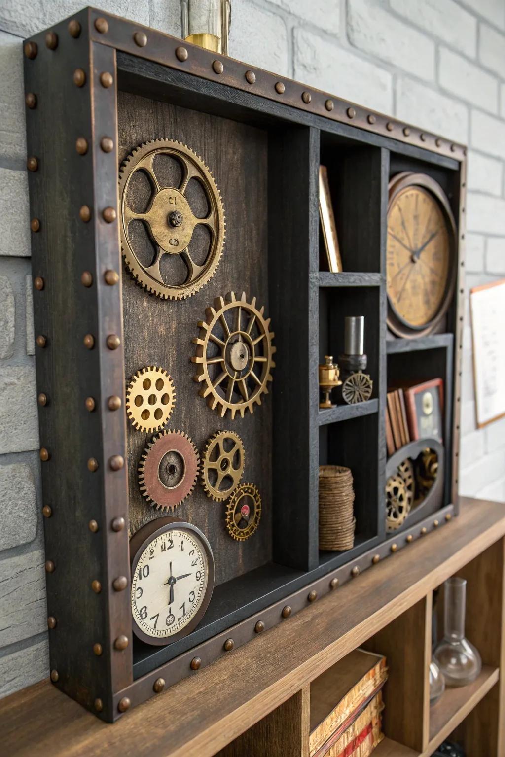 A steampunk shadow box featuring gears and vintage elements.