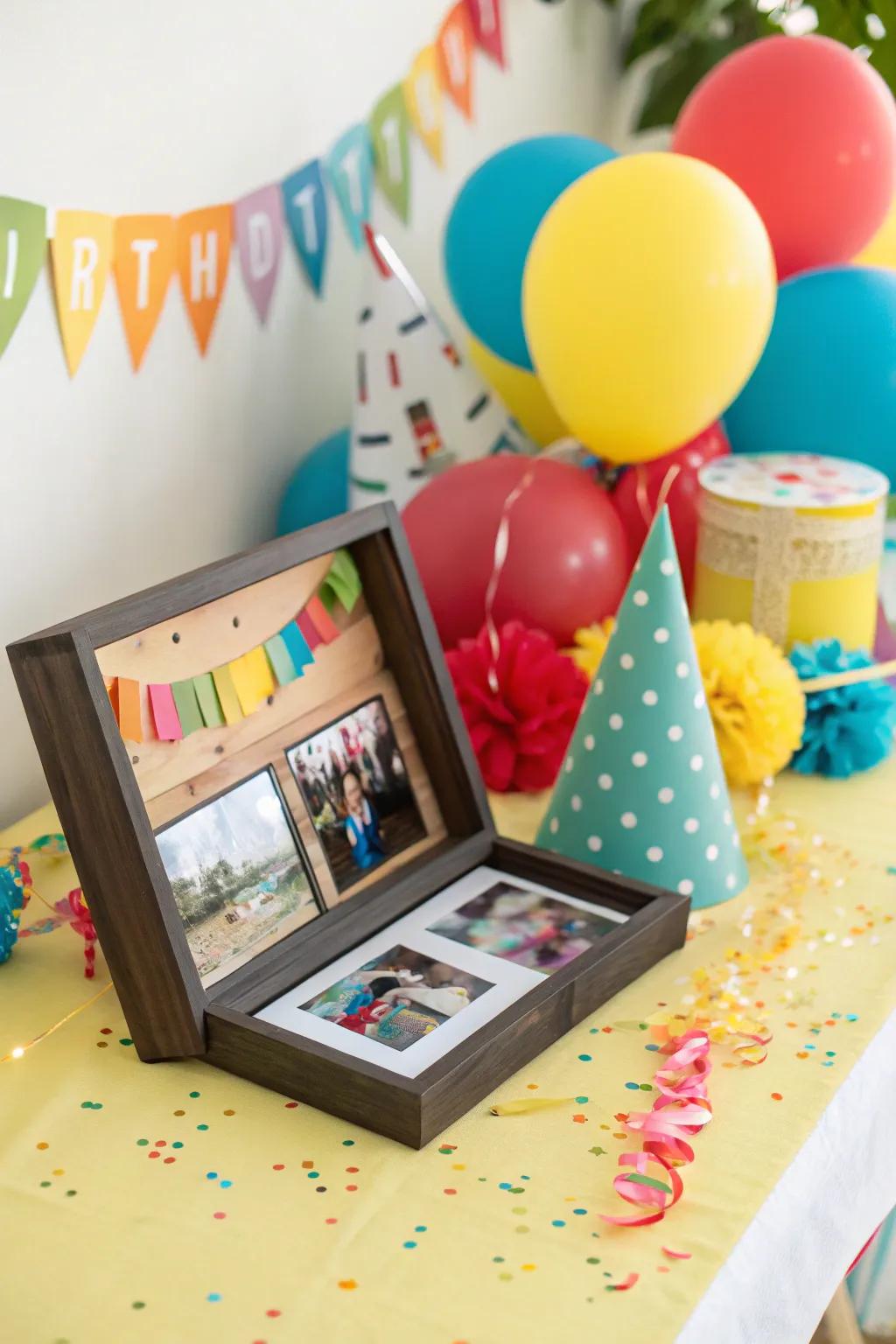 A commemorative event shadow box filled with joyful keepsakes.