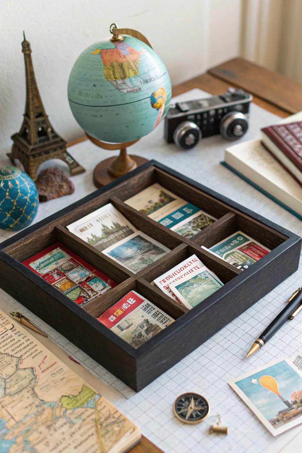 A travel keepsake shadow box filled with souvenirs and postcards.