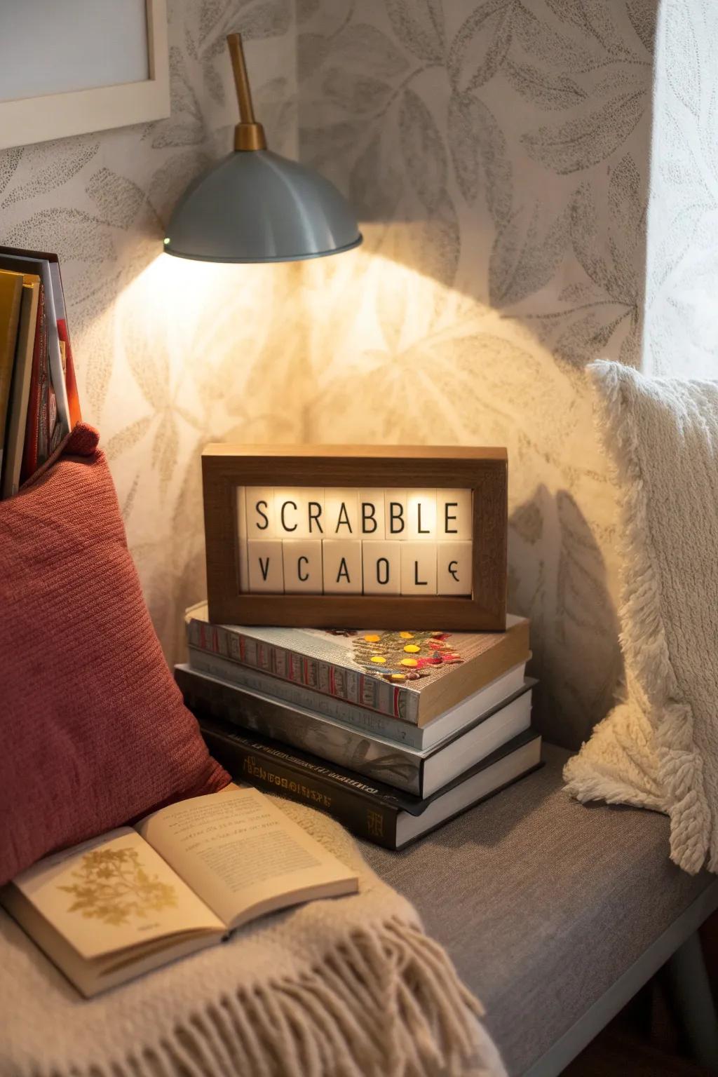 A Scrabble tile shadow box with a custom inspirational quote.
