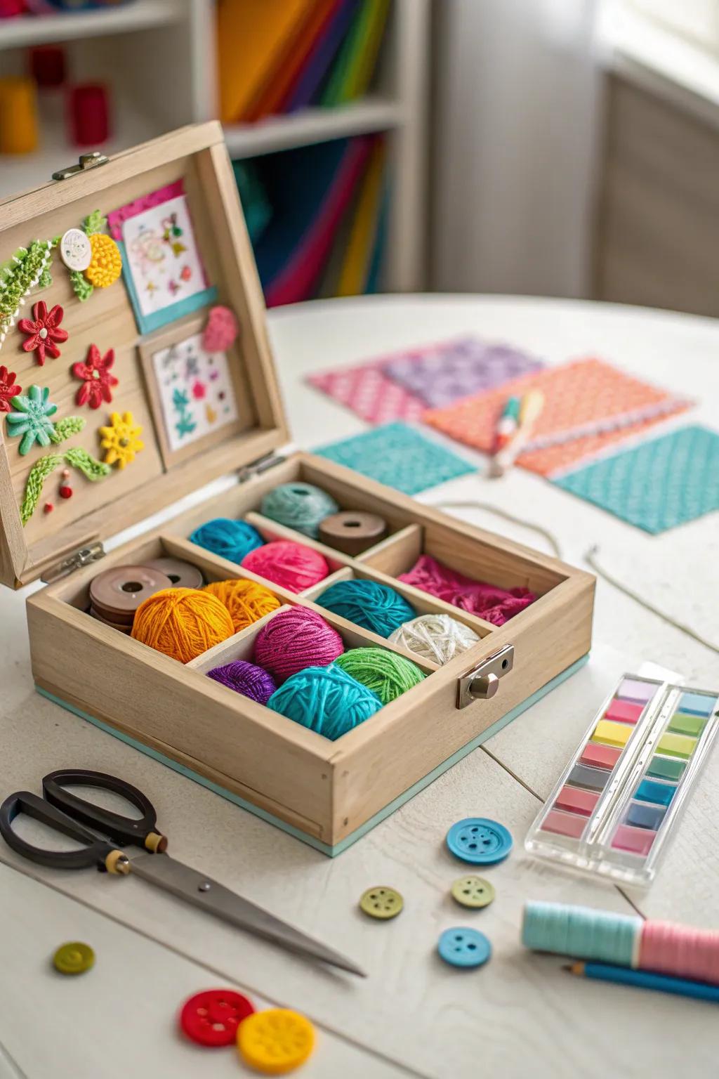 A craft display shadow box filled with colorful materials.