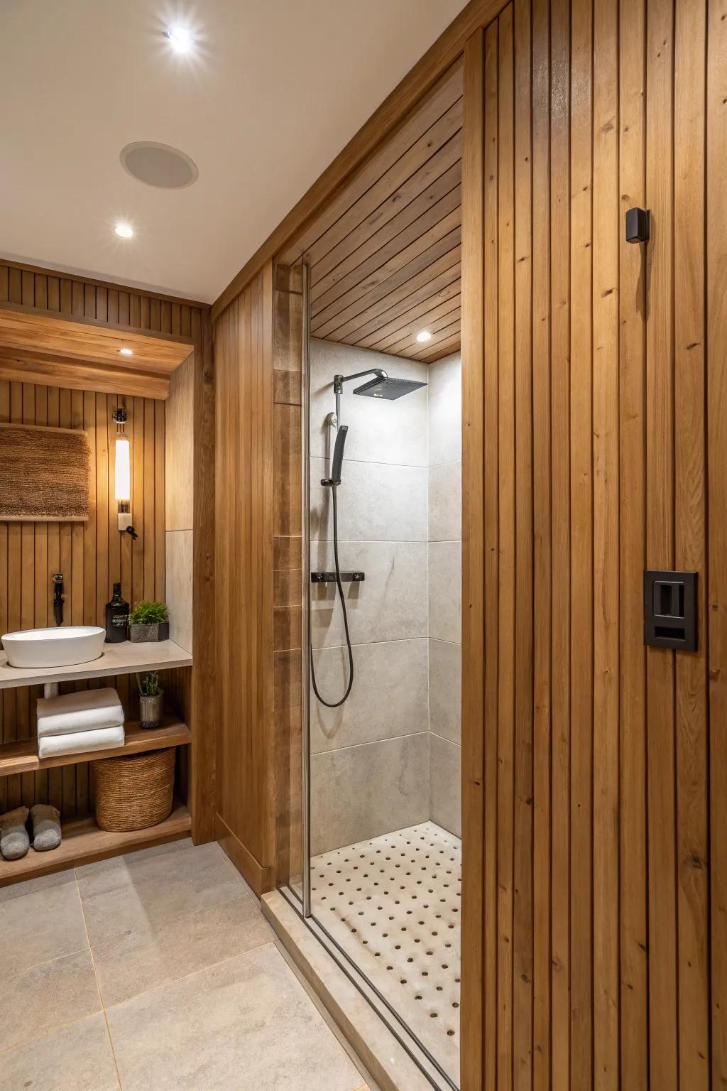 Natural wood panels creating a cozy, integrated shower space.
