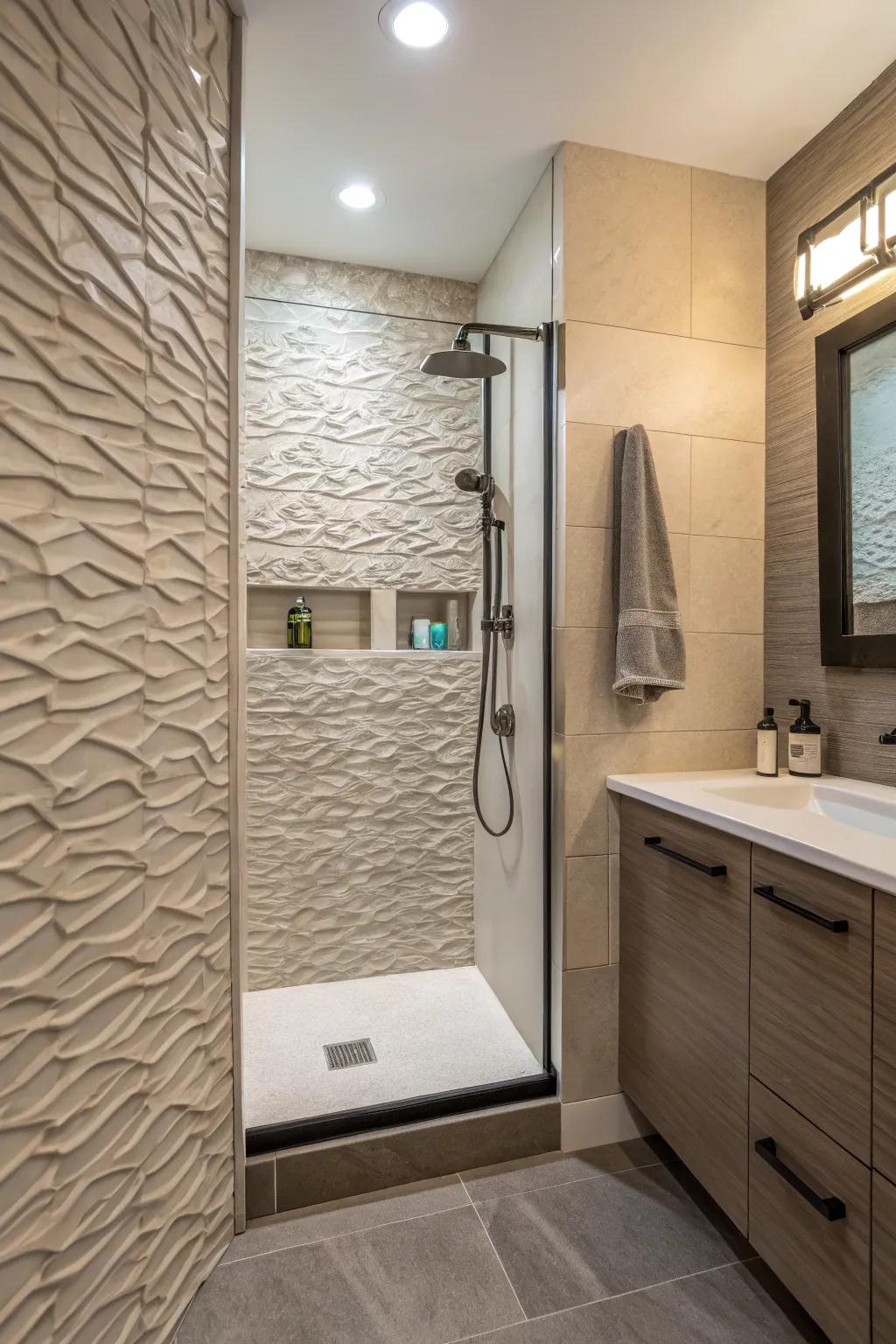 Textured accent walls adding depth to hidden shower spaces.