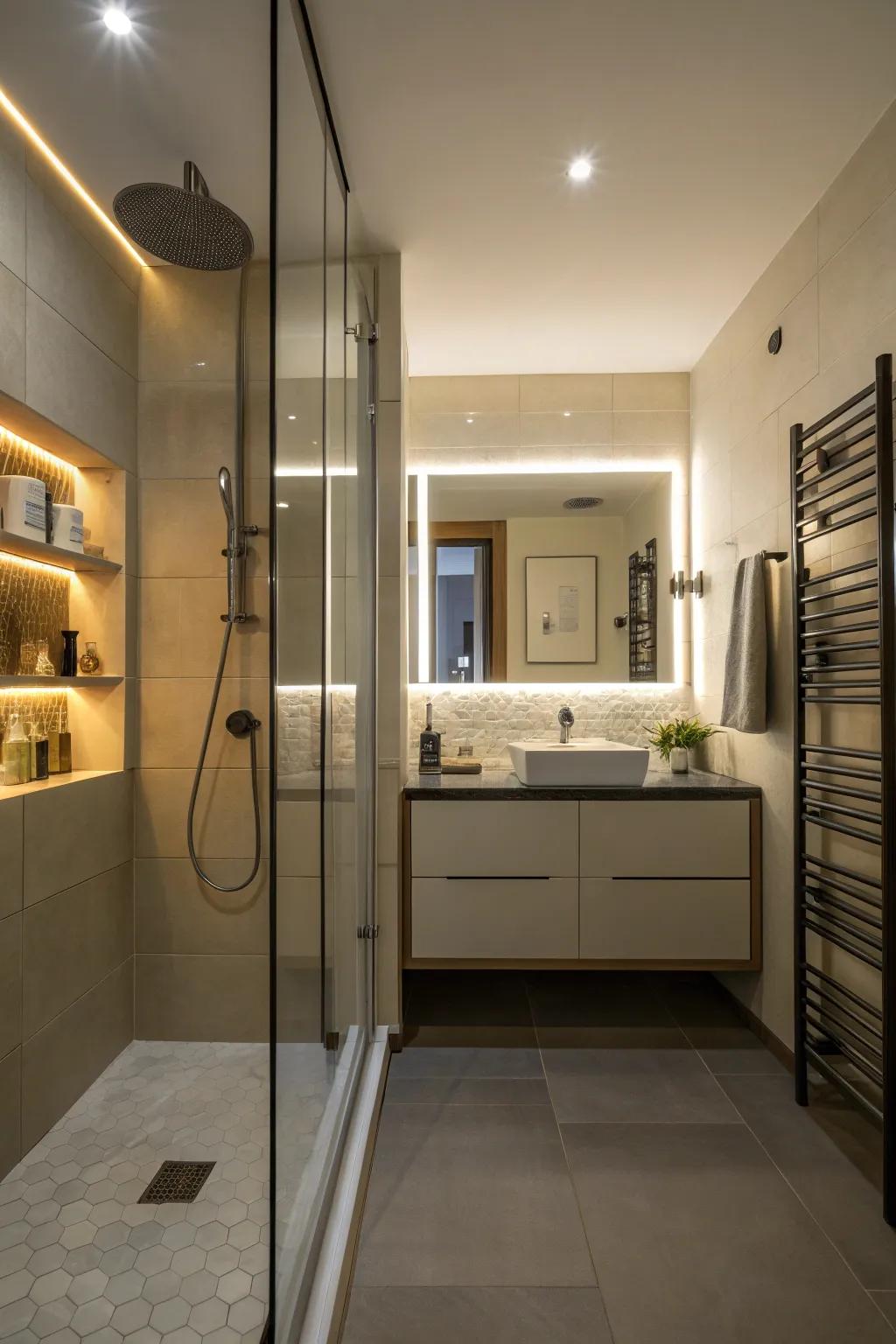 Hidden lighting creating a tranquil shower atmosphere.