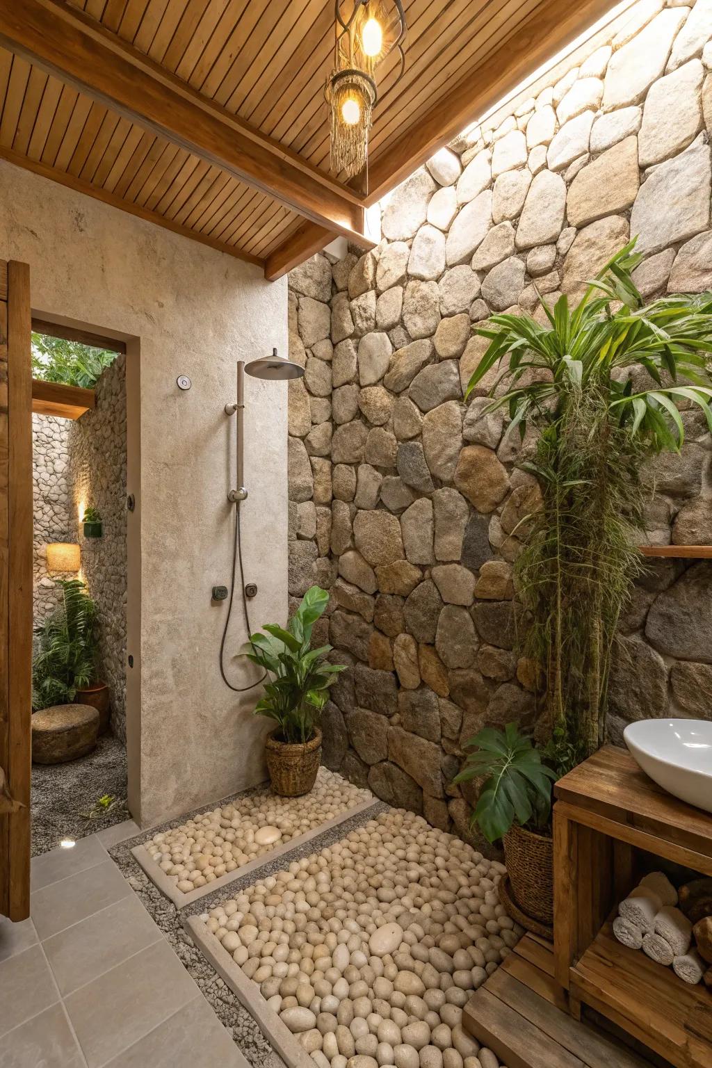Stone textured walls creating a natural vibe in hidden showers.