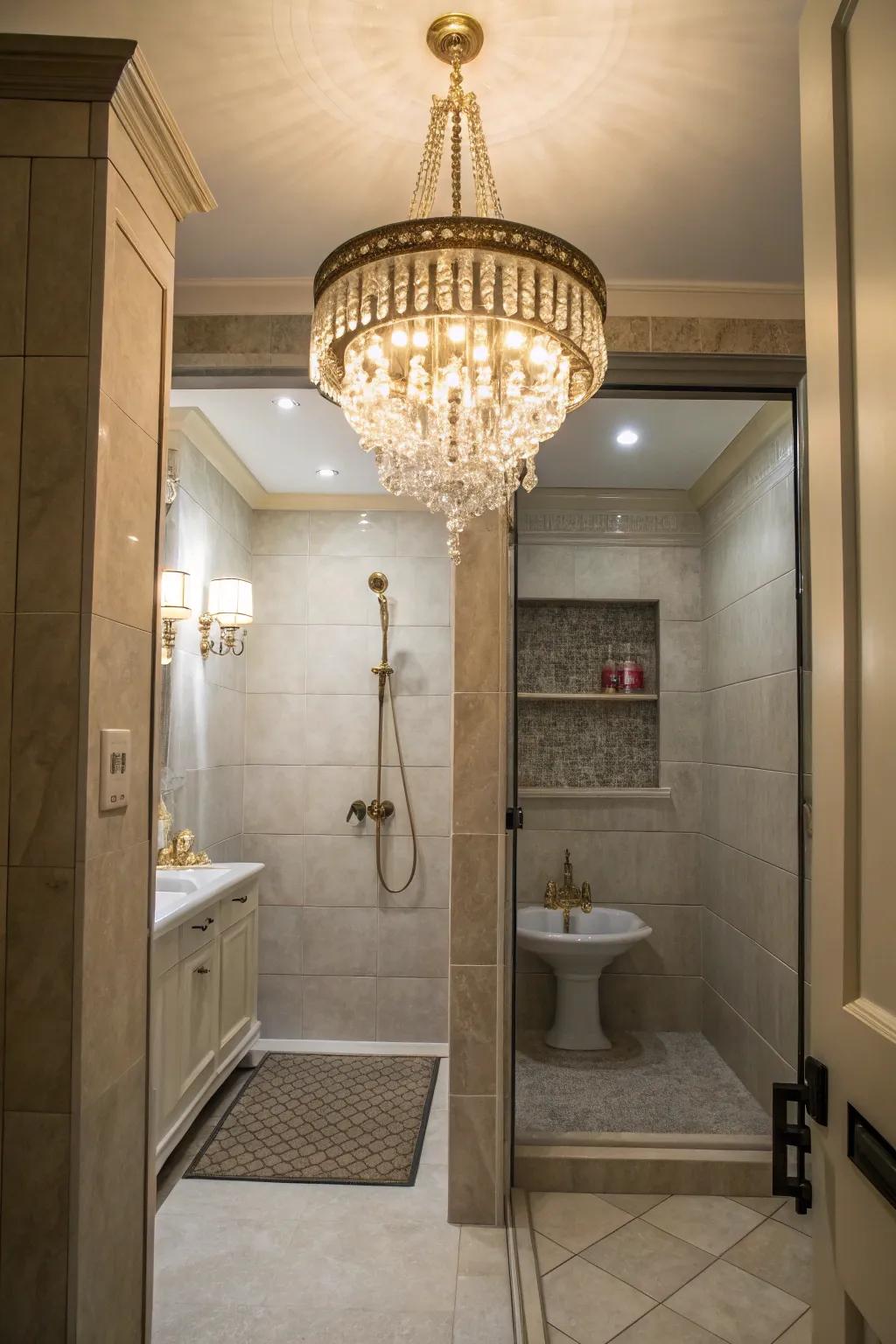 Chandelier adding a luxurious flair to a hidden shower.